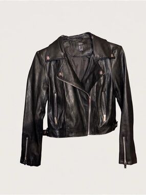 Forever 21 Black Cropped Leather Moto Jacket with Silver Hardware
